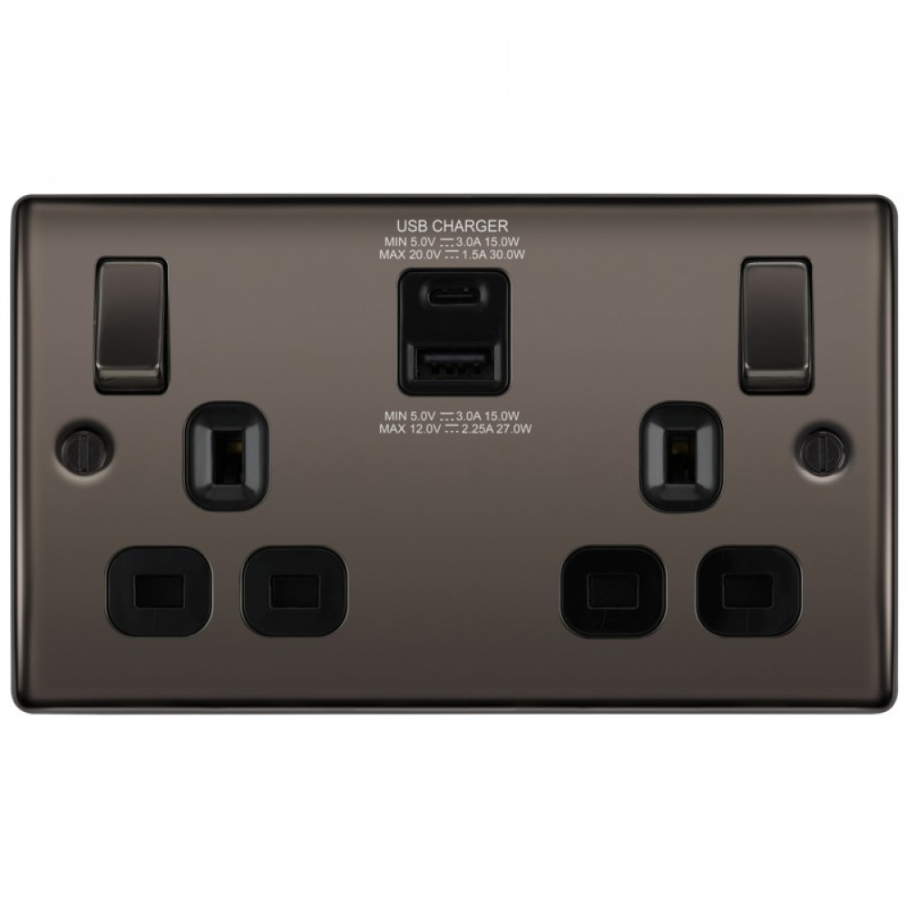 BG 2Gang 13a Socket c/w 1 x A & 1 x C USB Port Black Nickel 