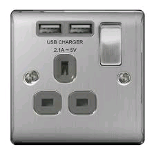 BG 13a Single Socket c/w USB Port Brushed Steel 