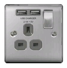 BG 13a Single Socket c/w USB Port Brushed Steel