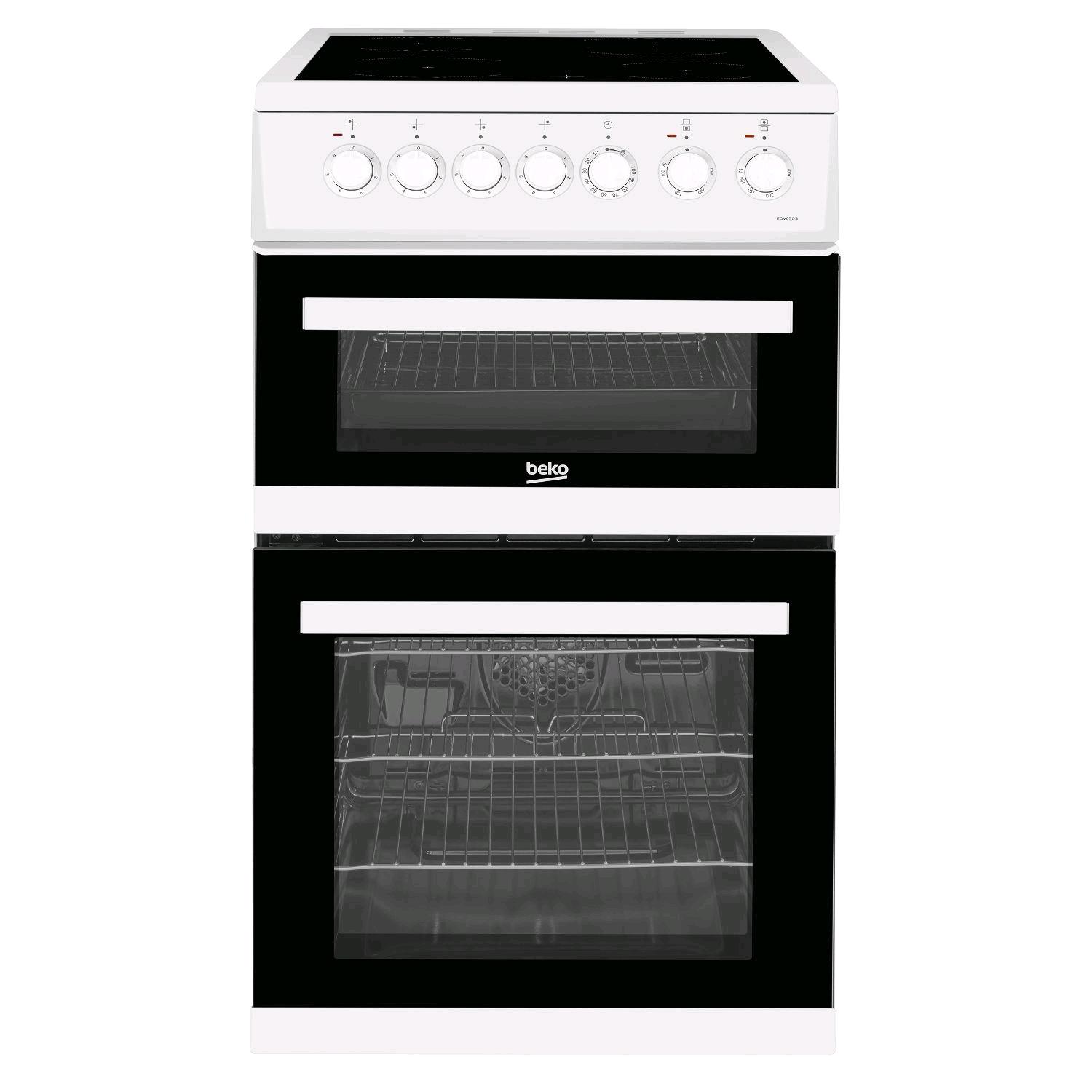 Beko Double Oven & Ceramic Hob Electric Cooker White 50cm wide A Rated