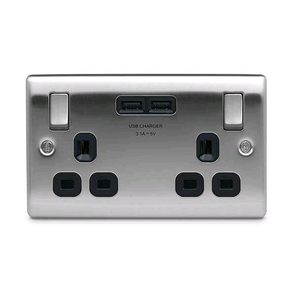 BG Twin 13a Socket c/w USB Port Brushed Steel Black Insert