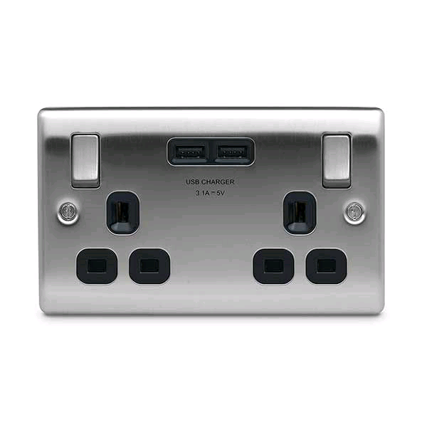 BG 2Gang 13a Socket c/w USB Port Brushed Steel Black Insert 