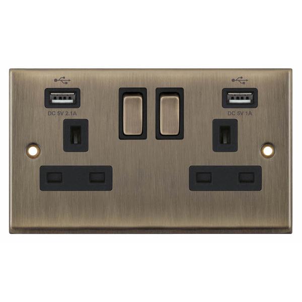 Selectric 13a Twin Socket Antique Brass c/w Black Inserts & USB Port x 2