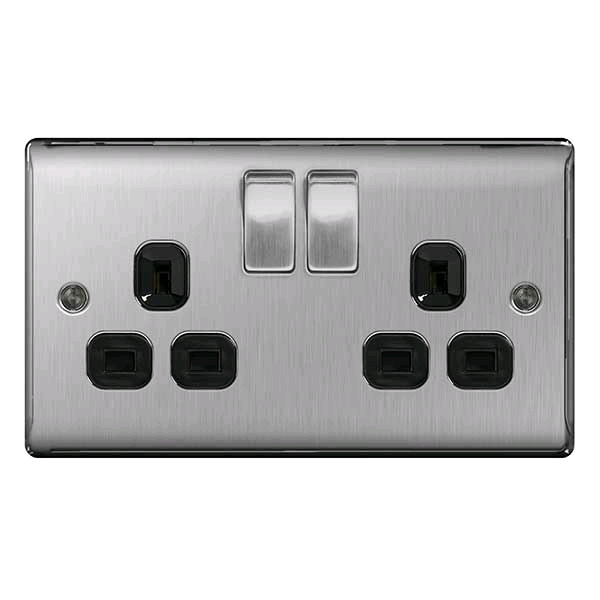 BG 2Gang 13a Socket Brushed Steel Black Insert 