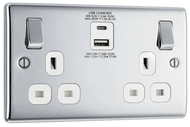 BG Twin 13a Socket c/w USB 1 x C & 1 x B Port Chrome 