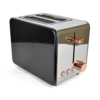 Lloytron(KItchen Perfected E2025RG) 2 Slice Wide Slot Toaster - Black Steel& Rose Gold