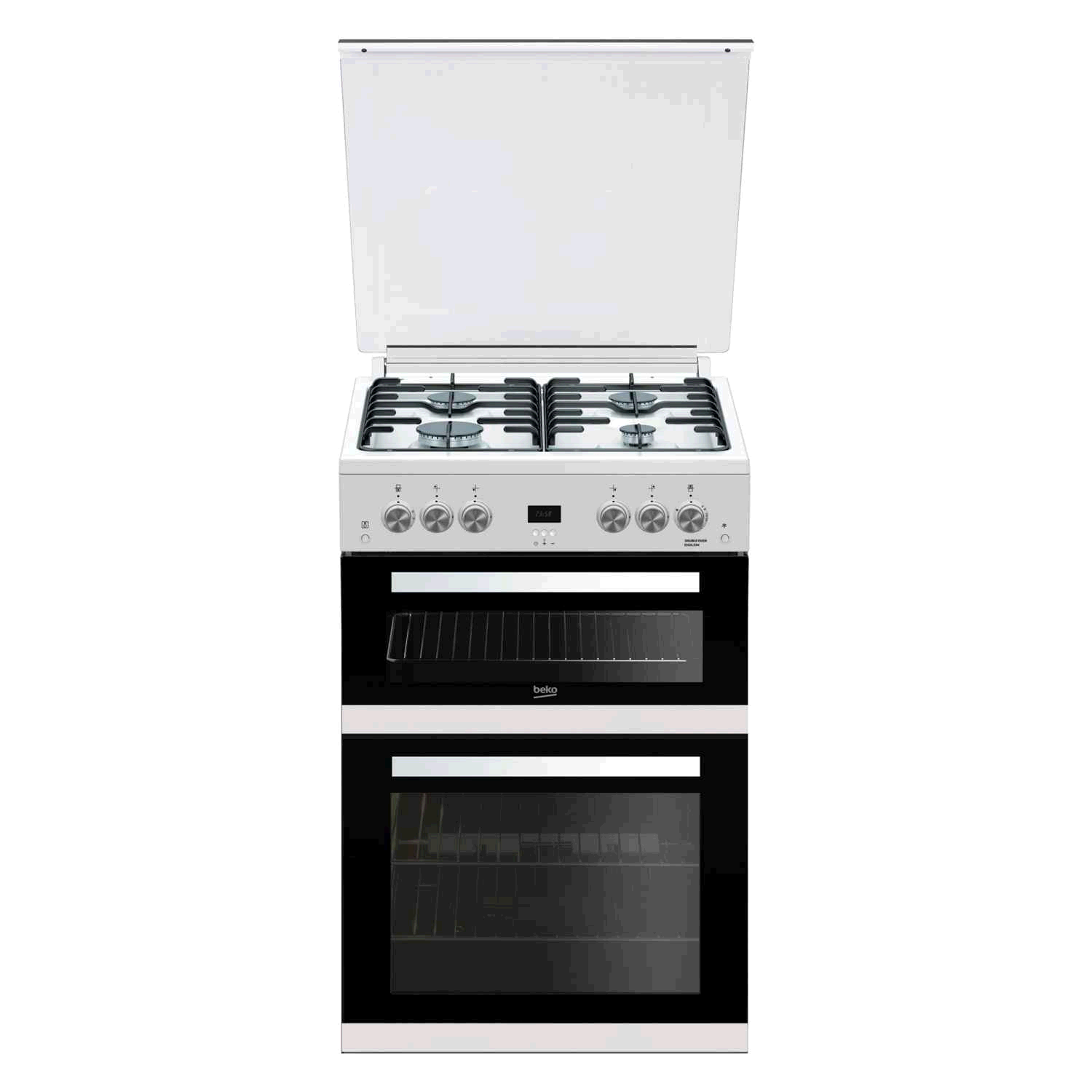 Beko Double Oven Gas Cooker White 60cm LPG Convertible Glass Lid 