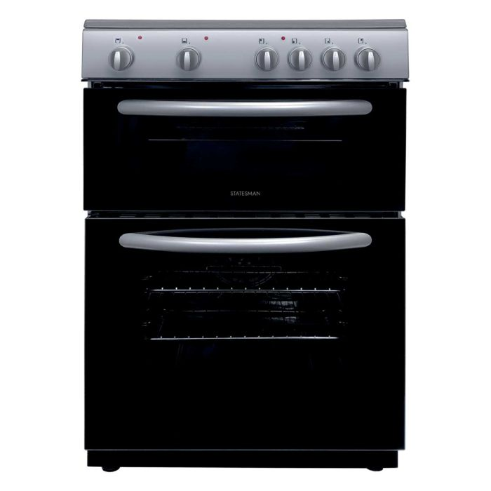 Statesman Apollo EDC60S2 60cm Double Oven Ceramic Hob Cooker - Silver Fan Assisted 76/56 Nett Litre Capacity 