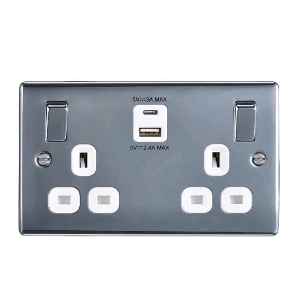 BG Twin 13a Socket c/w USB Port Chrome White Inserts