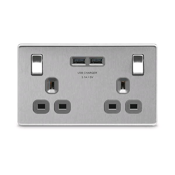 BG 13a DP 2Gang Switched Socket + 2 USB Screwless Flatplate Brushed Steel 