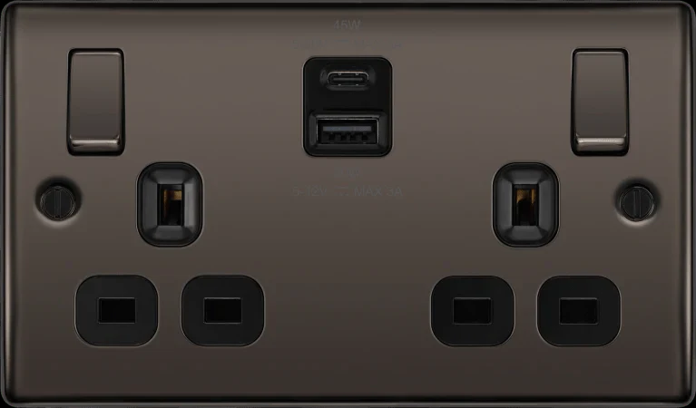 BG 2Gang 13a Socket c/w 1 x A & 1 x C (45w) USB Port Black Nickel 