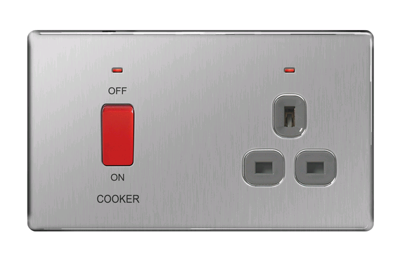 BG 45a Cooker Control & Socket c/w Neon Screwless Flatplate Brushed Steel 