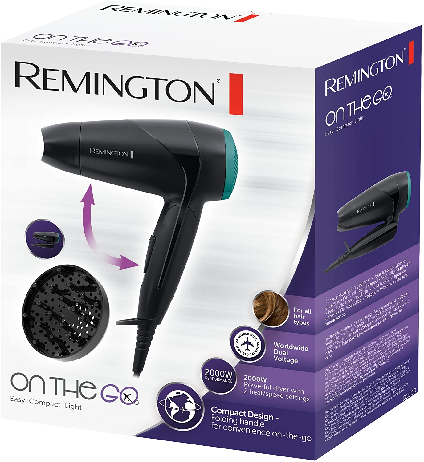 Remington D1500 Compact Folding Hair Dryer On The Go 2000W with Mini Concentrator and Diffuser, Worldwide Voltage - D1500