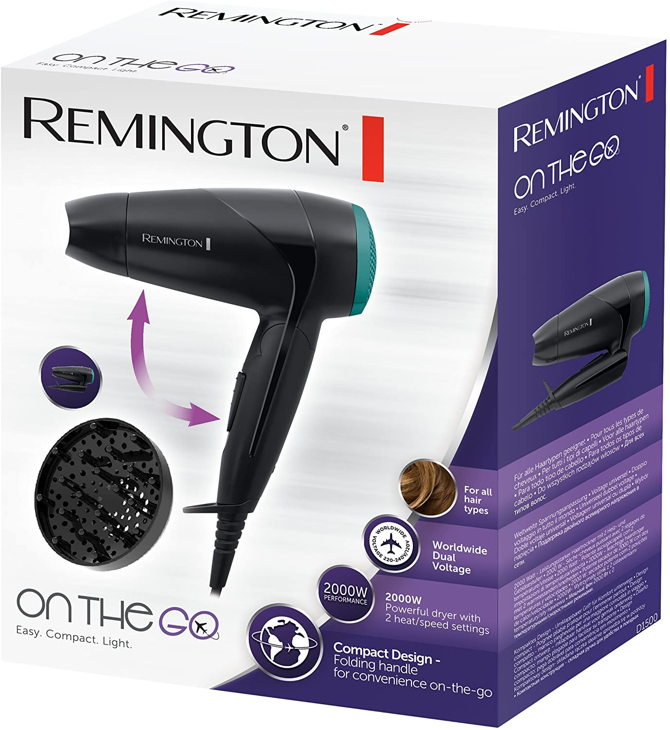 Remington D1500 Compact Folding Hair Dryer On The Go 2000W