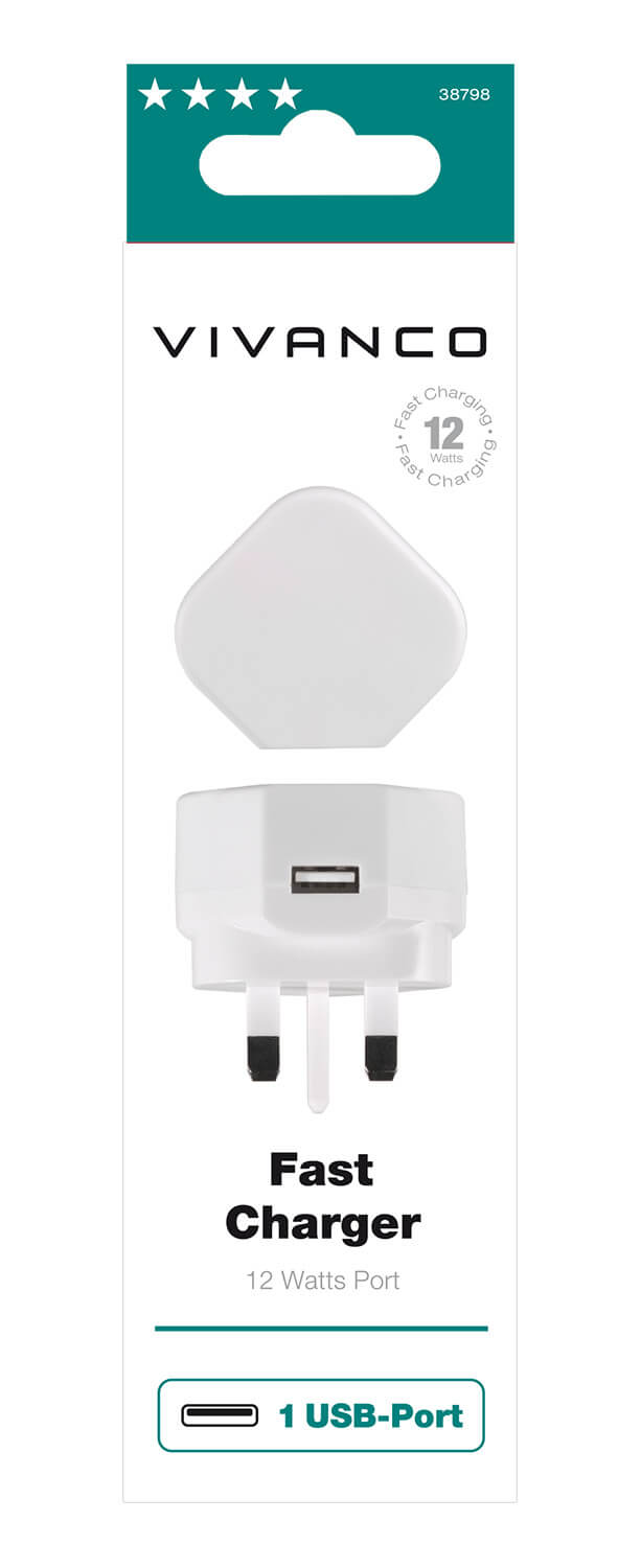 Vivanco T-PO AC USB Mains Fast Charger 12W Single Port White