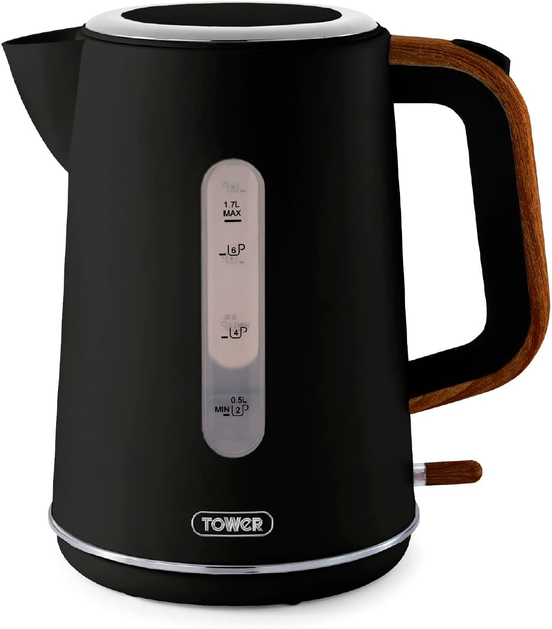 Tower Scandi Stainless Steel Kettle with Rapid Boil and Boil Dry Protection, 1.7L, 3kW, Black