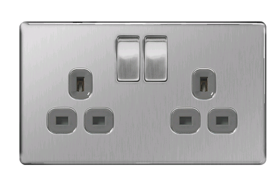 BG13a 2 Gang Switched Socket Screwless Flatplate Brushed Steel 