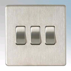 BG 3Gang 2way Switch Screwless Flatplate Brushed Steel 