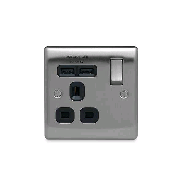 BG 13a Single Socket c/w USB Port Brushed Steel Black Insert 