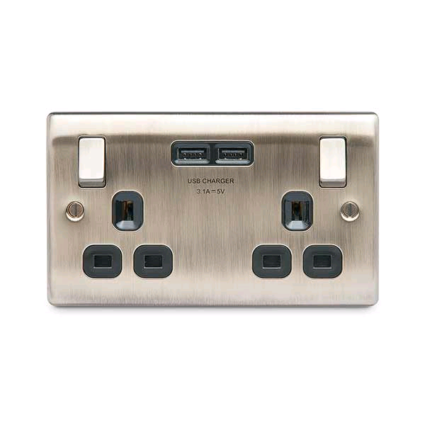 BG Twin 13a Socket Antique Brass Black Insert c/w 2 x USB Ports 