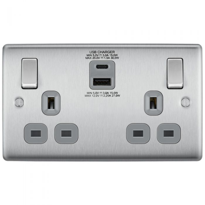 BG Nexus 13a Twin Socket with USB Charger 1 x USB C & 1 x USB A Brushed Steel