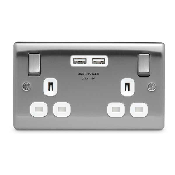 BG 2Gang 13a Socket c/w 2 x USB Port Brushed Steel White Insert