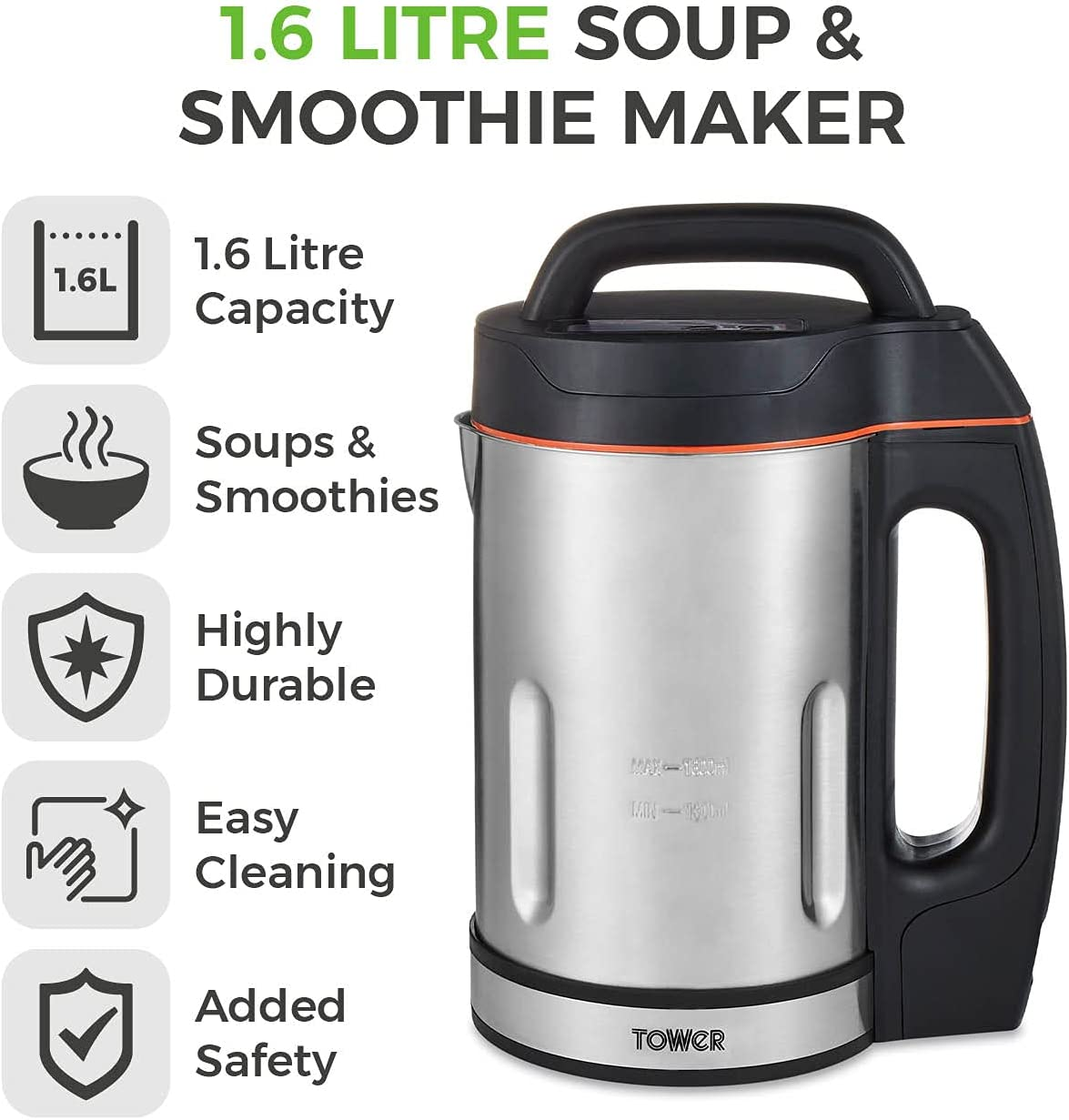 Tower T12031 Soup Maker 1.6ltr Capacity Chunky or Smooth Stainless Steel Blades