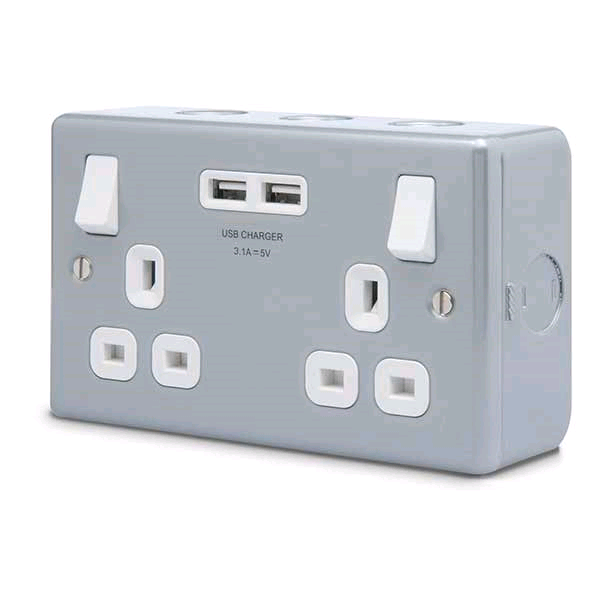 BG Metal Clad 2gang 13a Switched Socket + 2 USB 